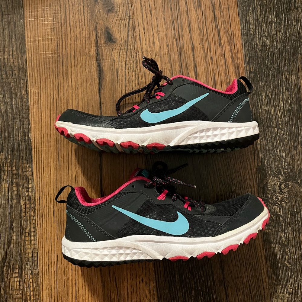 Nike Black Sneakers with Light Blue Swoosh and Pink Accents